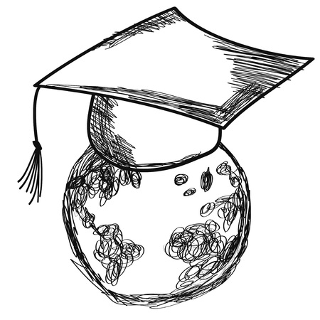 isolated Doodle graduation cap on earth vector from white backgroundのイラスト素材
