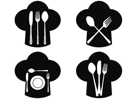 isolated Chef hat with fork, knife and spoon icons from white backgroundのイラスト素材