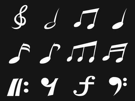 isolated white freehead music note icons on black backgroundのイラスト素材