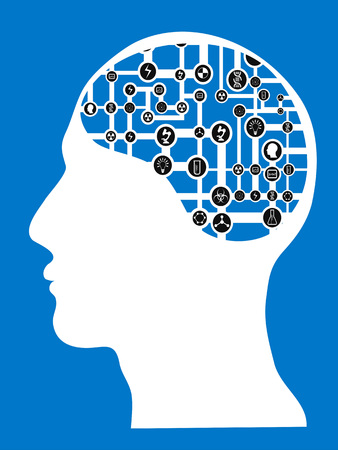 isolated human head with connected network brain on blue backgroundのイラスト素材