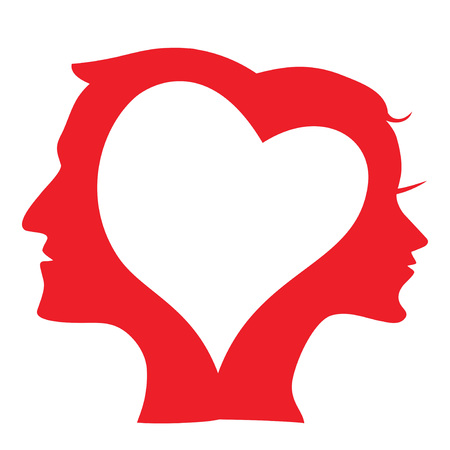 isolated Man and Woman head Silhouette in love heart from white backgroundのイラスト素材