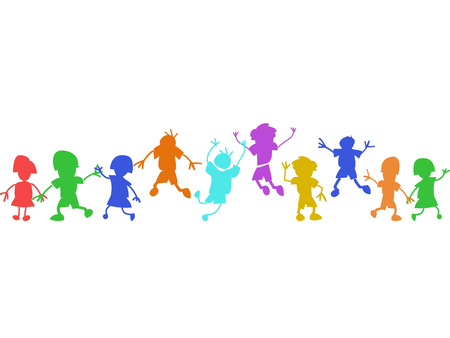 isolated colorful doodle happy kids in a row on white backgroundのイラスト素材