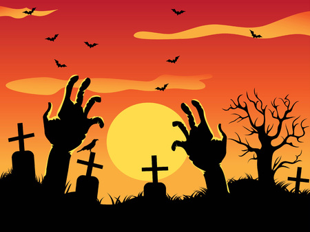 the Halloween design background with zombie hands and dead tree on graveyardのイラスト素材