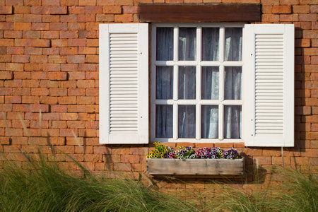 White window on brick wallのeditorial素材