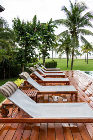 sunbeds beside swimming pool and gardenのeditorial素材