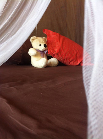 Bed decorated with bear and pillowの素材