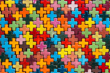 colorful plus shape brick on wallの写真素材