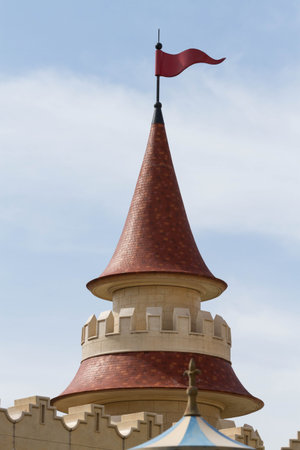 top of castle roof with red flagのeditorial素材