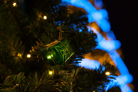 christmas tree decoration with blue light backgroundの写真素材