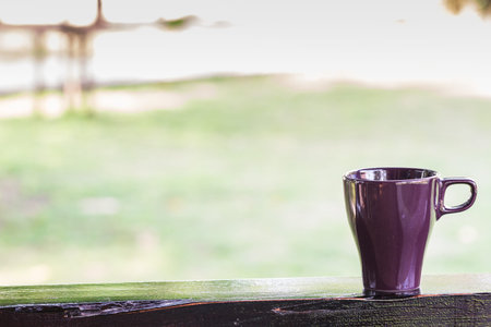 purple coffee mug at terraceの写真素材