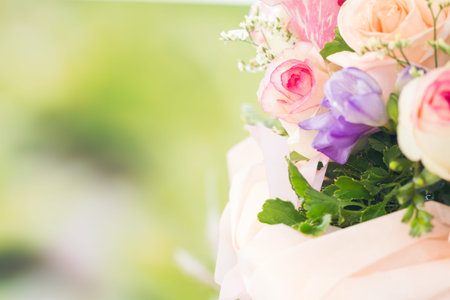 closeup pastel roses in bouquetの写真素材
