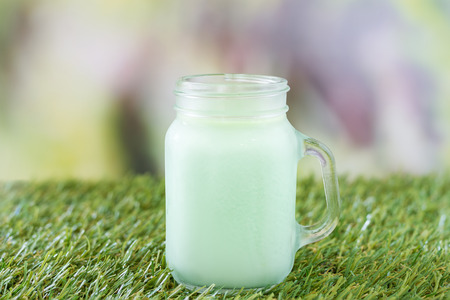 glass of green tea pudding in gardenの写真素材