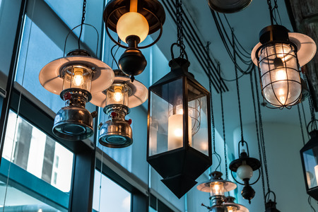 vintage lamp hanging from ceilingの写真素材