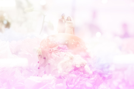 soft pastel wedding cake with bride and groom doll on flower backgroundの写真素材