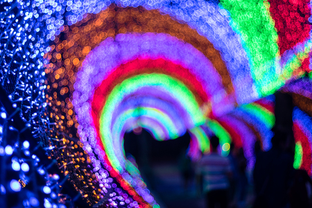 bokeh of rainbow led light tunnelの写真素材