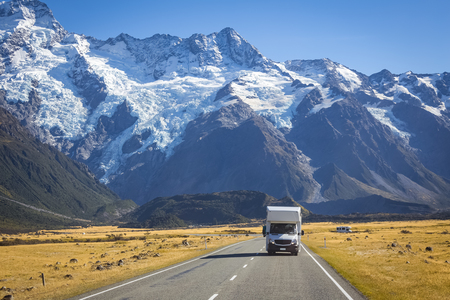 campervan on road with Mount Cook view background, New Zealandの写真素材