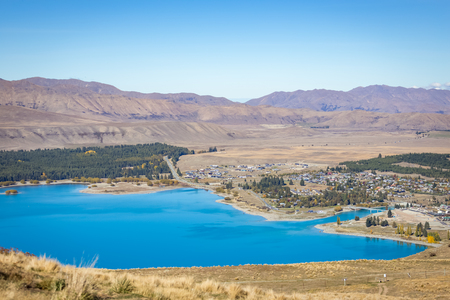 top scenic of Lake Tekapo from Mount John observatory hill, New Zealandの写真素材