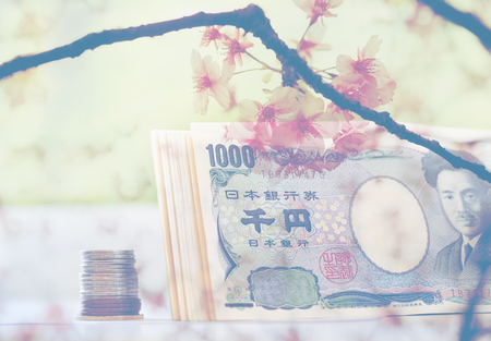 japanese money with soft focus pink sakura blooming backgroundの写真素材