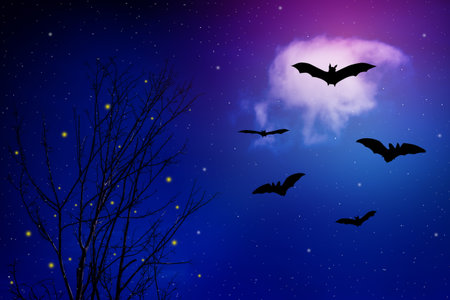 night sky with flying bats and dried tree, halloween theme