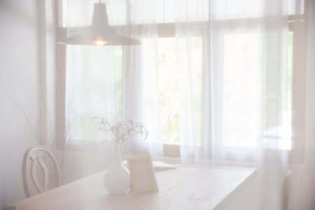 dining table decoration looks through transparent curtainの写真素材