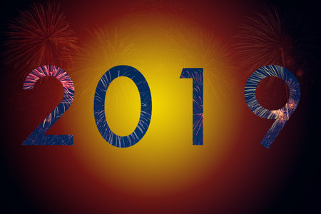 Happy New Year 2019 on colorful fireworks background