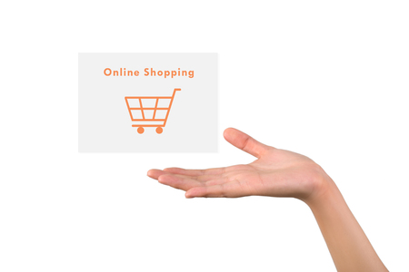 woman hand with online shopping screen, online marketing conceptの写真素材