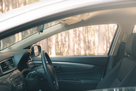 car interior look through window with forest viewの写真素材