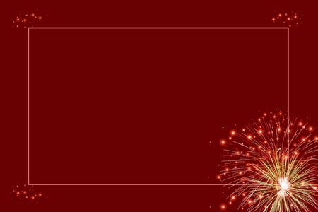 colorful fireworks on red background with line frame, celebration conceptの写真素材