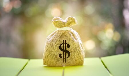 money gunny bag on green table with nature background, financial conceptの写真素材
