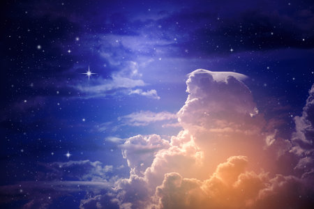 colorful night sky with cloud and stars, light blue tone
