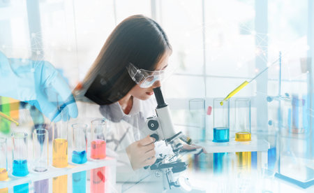 laboratory research and development concept by female scientist with lab glassware, double exposure...