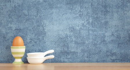 kitchenware and utensils decorated on wooden shelf or counter with blue wall background and copy space, home decorの写真素材