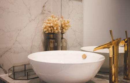 closeup bathroom sink decoration, bathroom interior design conceptの写真素材