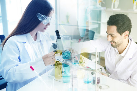 laboratory research and development concept by scientists with lab glassware, double exposure...