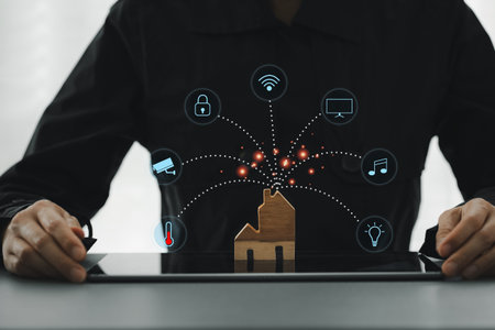 closeup woman and wood home model on tablet with smart home icon, home connection technology concept