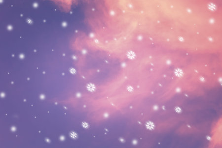 colorful pastel sky with cloud and snowflakes, seasonal backgroundの写真素材
