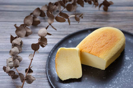 top view homemade souffle japanese cheesecake in oval shape, homemade bakingの写真素材