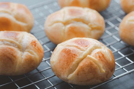 top view homemade soft and fluffy potato bun on rack, homemade bakingの写真素材