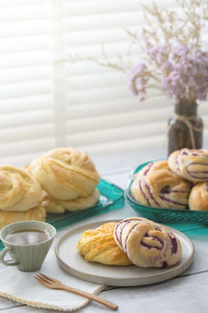 fresh baked purple sweet potato and coconut bread, homemade bakeの写真素材
