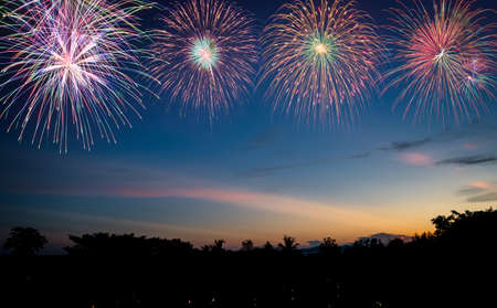 colorful fireworks on twilight sky on the beach, celebration eventの写真素材