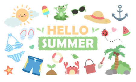 Hand-drawn crayon style summer elements with cute animals and seaside motifsのイラスト素材