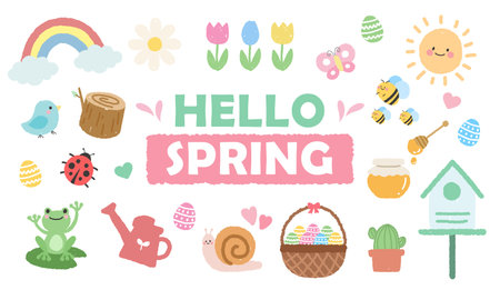 Hand-drawn crayon style spring elements covering cute animal and plant motifsのイラスト素材