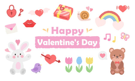 <p>Happy Valentine's Day illustration, a variety of cute love elements, celebrate the holiday coming</p>のイラスト素材