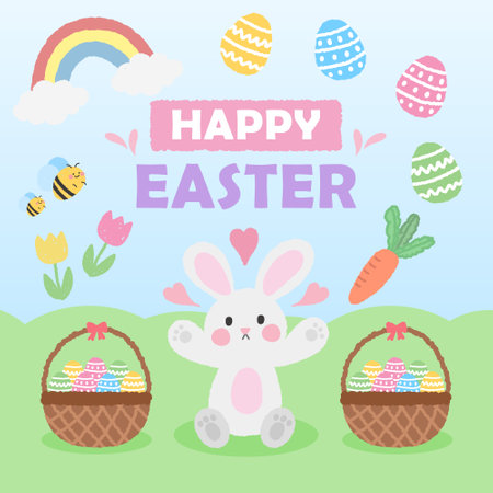 <p>Happy Easter illustration, cute bunnies and colorful eggs are celebrating the arrival of the holiday</p>のイラスト素材