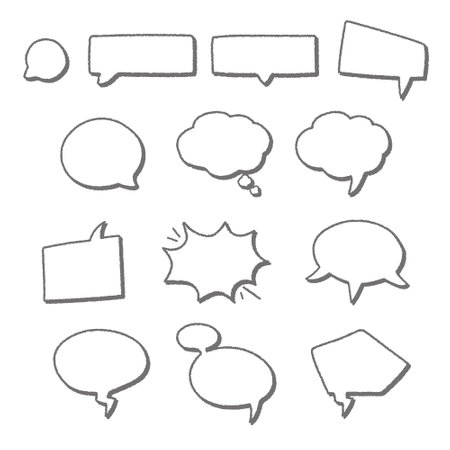 <p>Hand drawn crayon style dialog elements, comic style dialogue bubbles talking to people</p>のイラスト素材