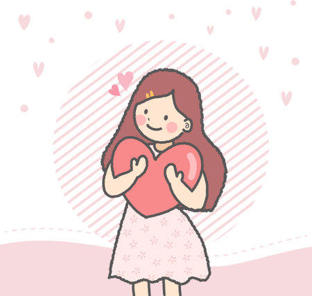 Illustration of girl celebrating Happy Valentine's Day, a girl holding love in her handsのイラスト素材