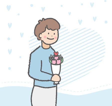 Illustration of boy celebrating Happy Valentine's Day, a boy holding flowersのイラスト素材