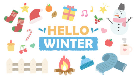 Hand-drawn crayon style winter elements covering cute decorations and Christmas motifsのイラスト素材