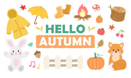 Hand-drawn crayon style autumn elements covering cute animals and forest motifsのイラスト素材