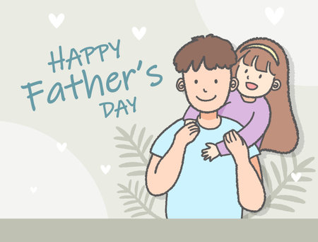 Young dad carrying a cute daughter to welcome Father's Day celebration cardsのイラスト素材